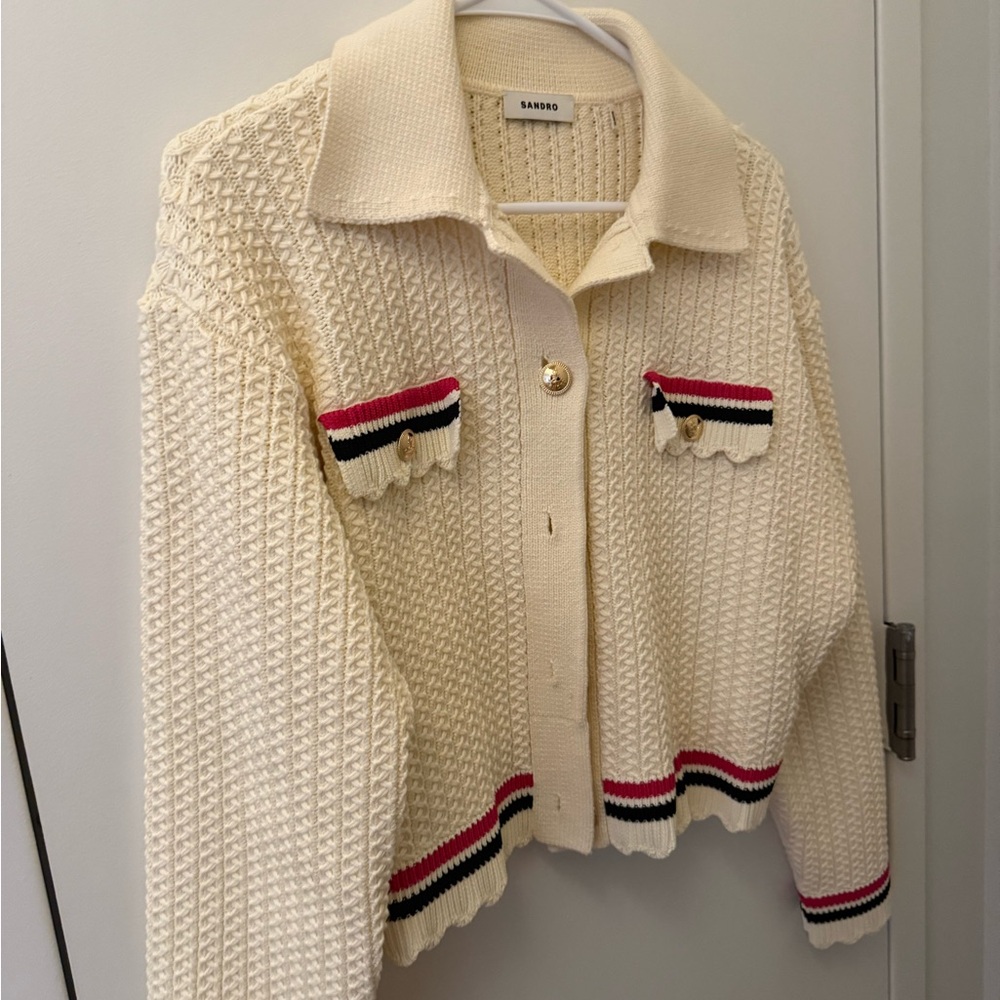 Sandro Ivory Knit Cardigan with Red Stripes